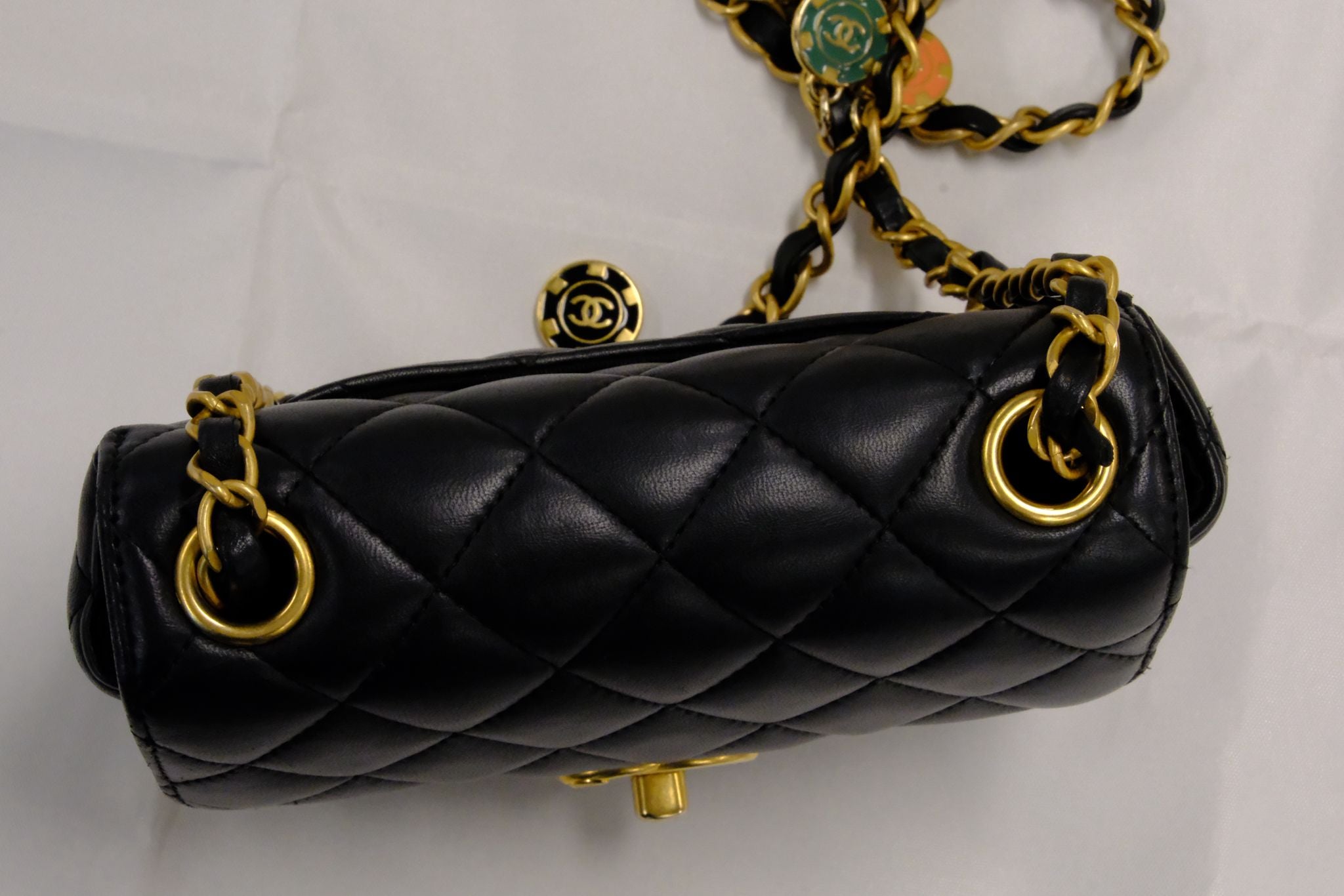 CHANEL 23C BLACK MINI SQUARE LAMSKIN CHARM COIN