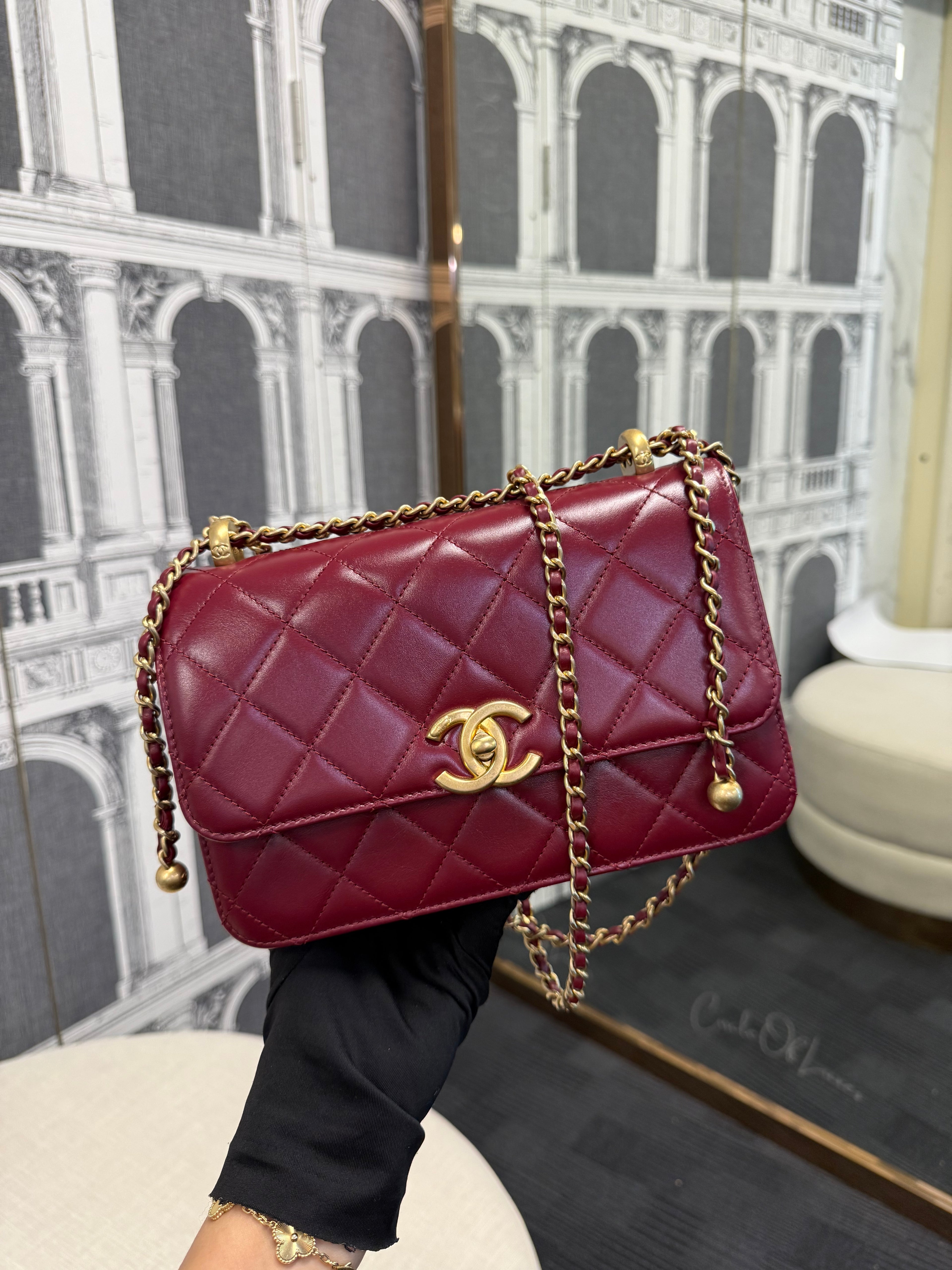 CHANEL 21A MEDIUM GOLD CRUSH FLAP BAG CALFSKIN BURGUNDY GHW 134887426