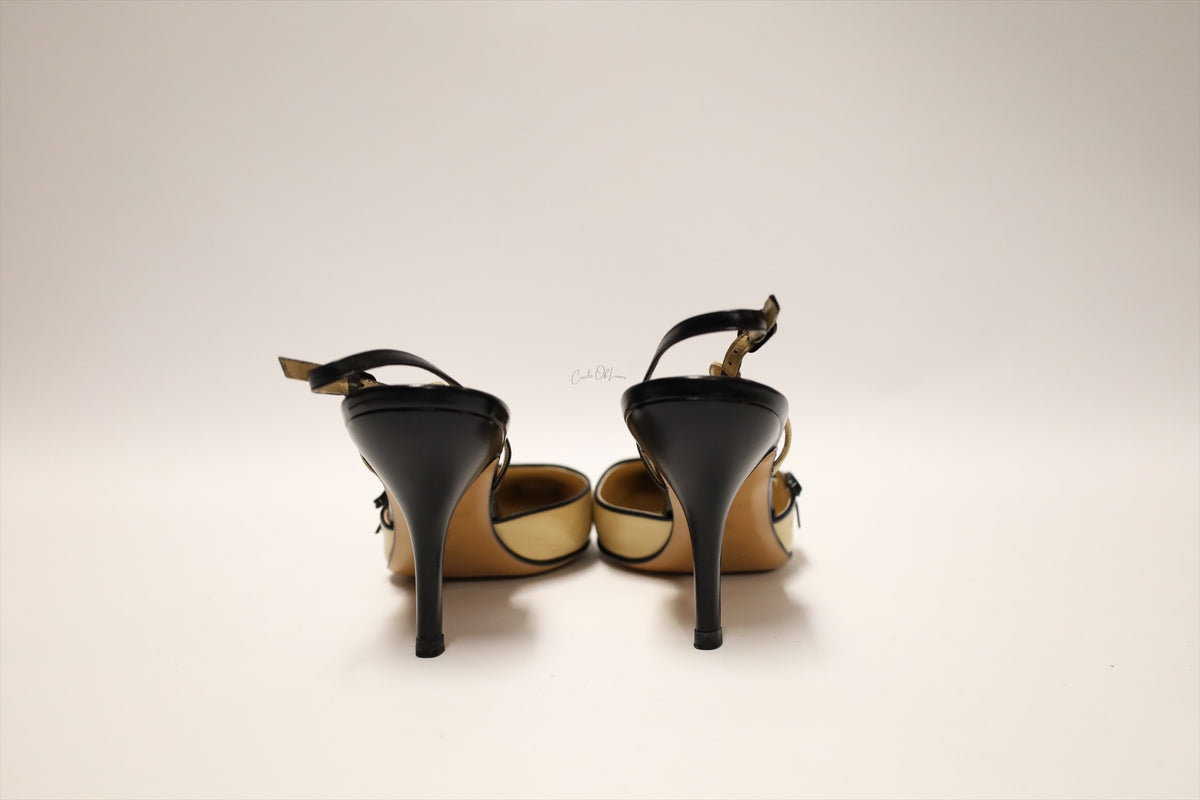 Chanel Two Tone Cap Toe Bow Slingback Pumps Beige & Black