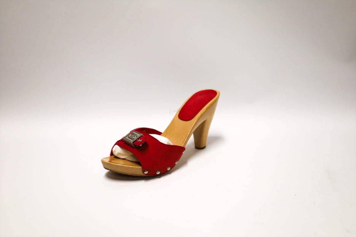 Chanel Vintage CC Buckle Wooden Mule Sandals Red Suede size 39