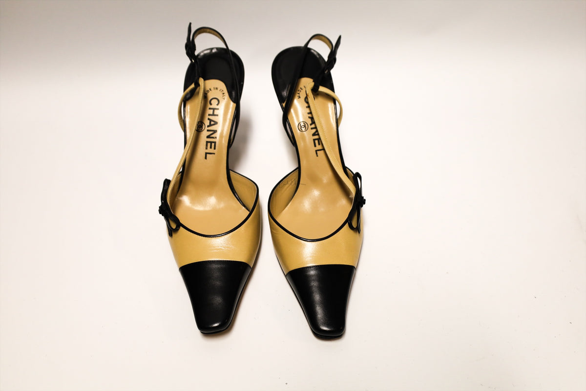 Chanel Two Tone Cap Toe Bow Slingback Pumps Beige & Black