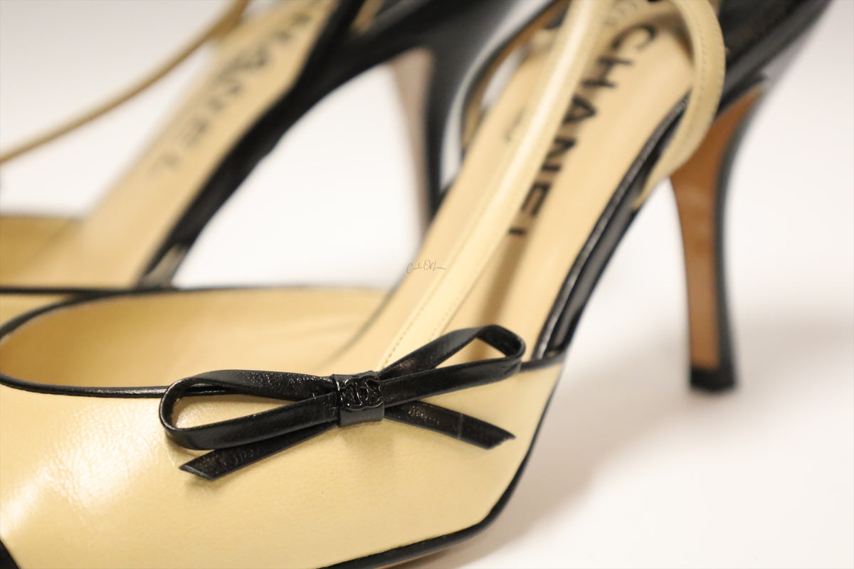Chanel Two Tone Cap Toe Bow Slingback Pumps Beige & Black