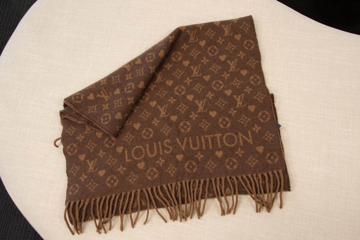 LOUIS VUITTON BROWN CASHMERE GAME ON FRINGE SCARF