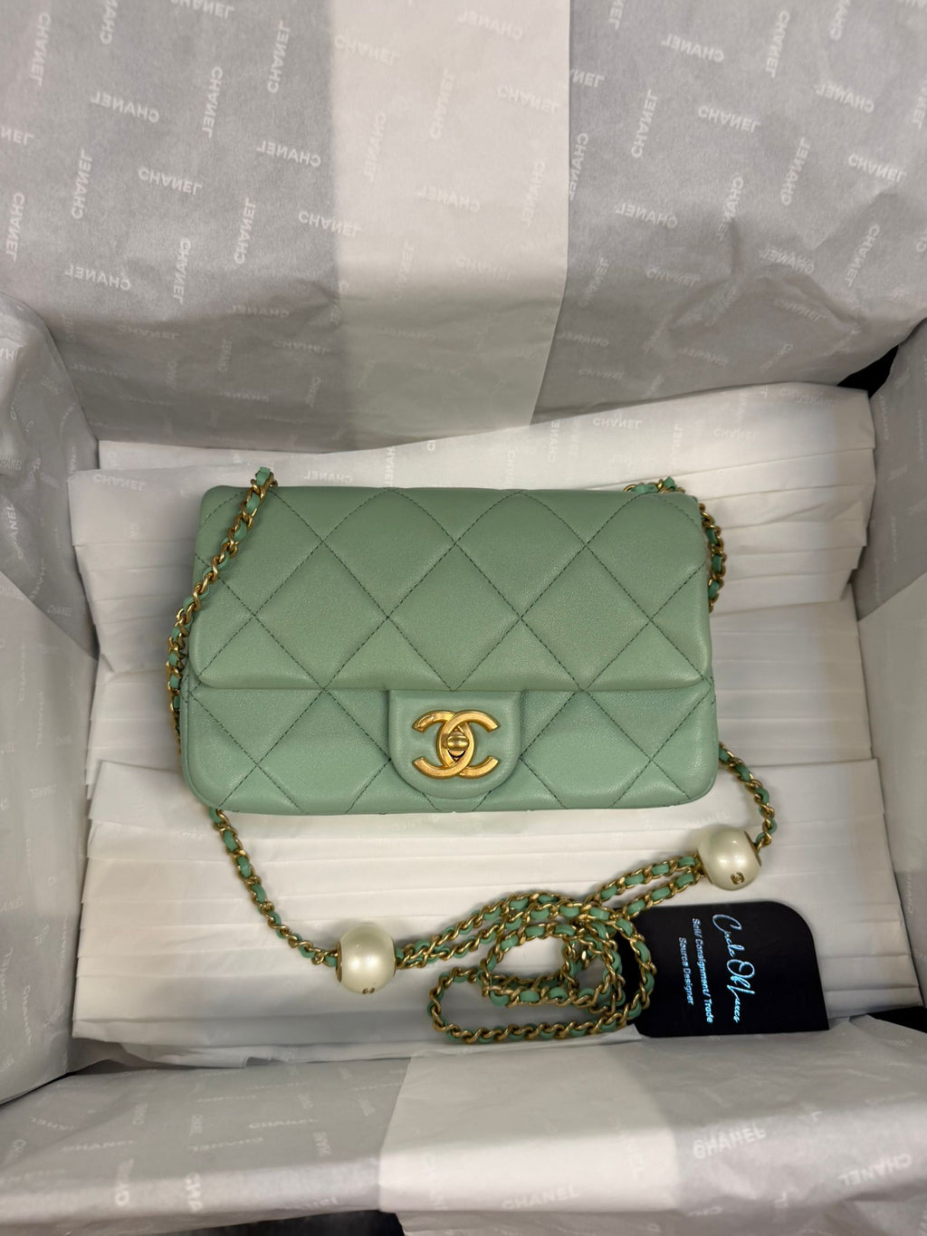 CHANEL MINI GREEN TEA LAMSKIN BAG  PEARL CRUSH