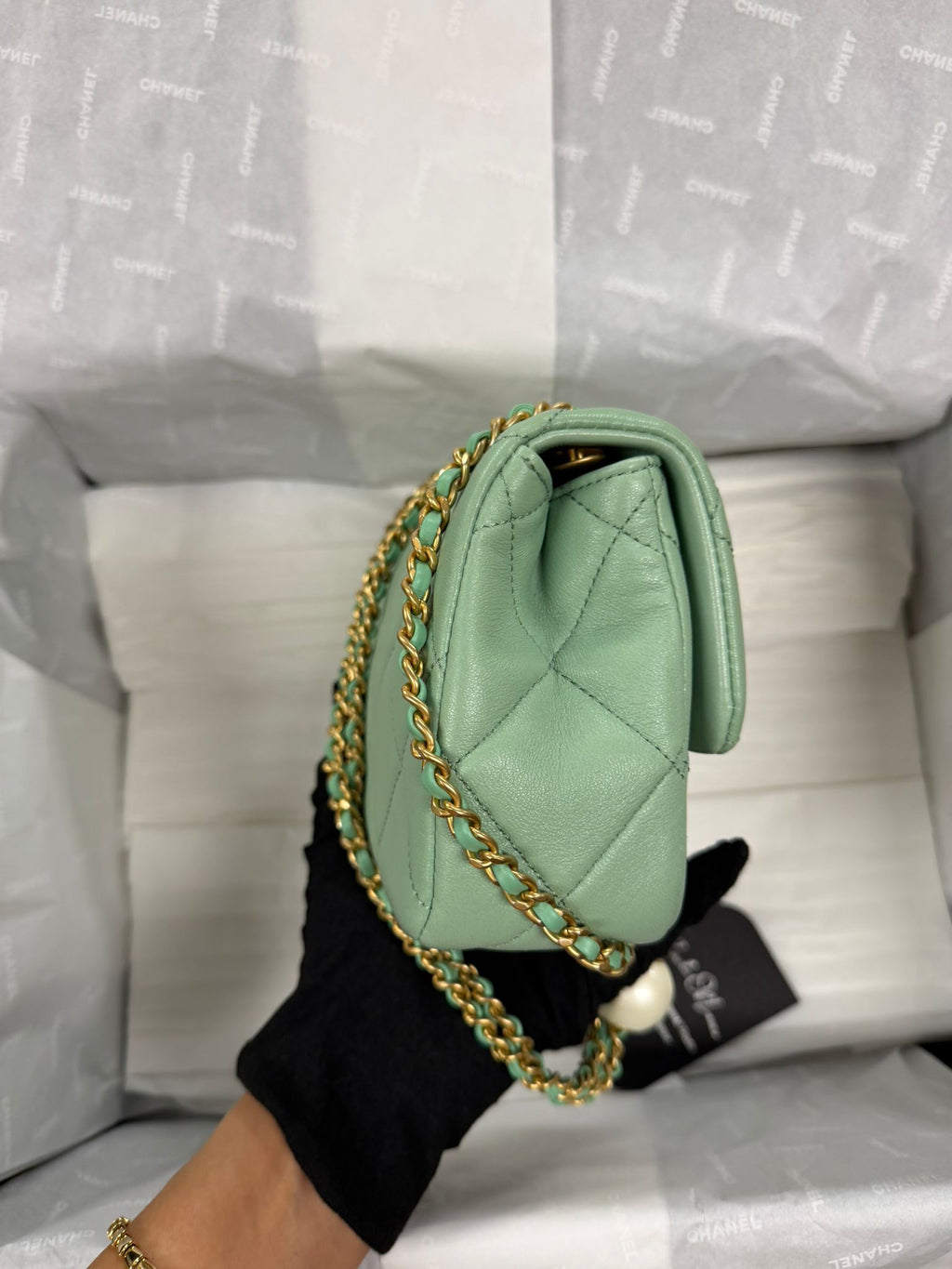 CHANEL MINI GREEN TEA LAMSKIN BAG  PEARL CRUSH