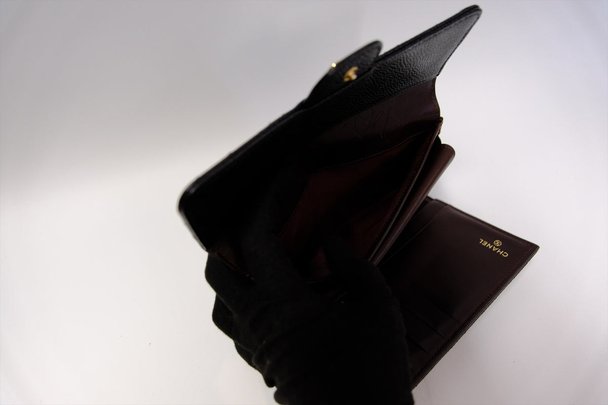 CHANEL TRIFOLD LONG WALLET BLACK CAVIAR GHW