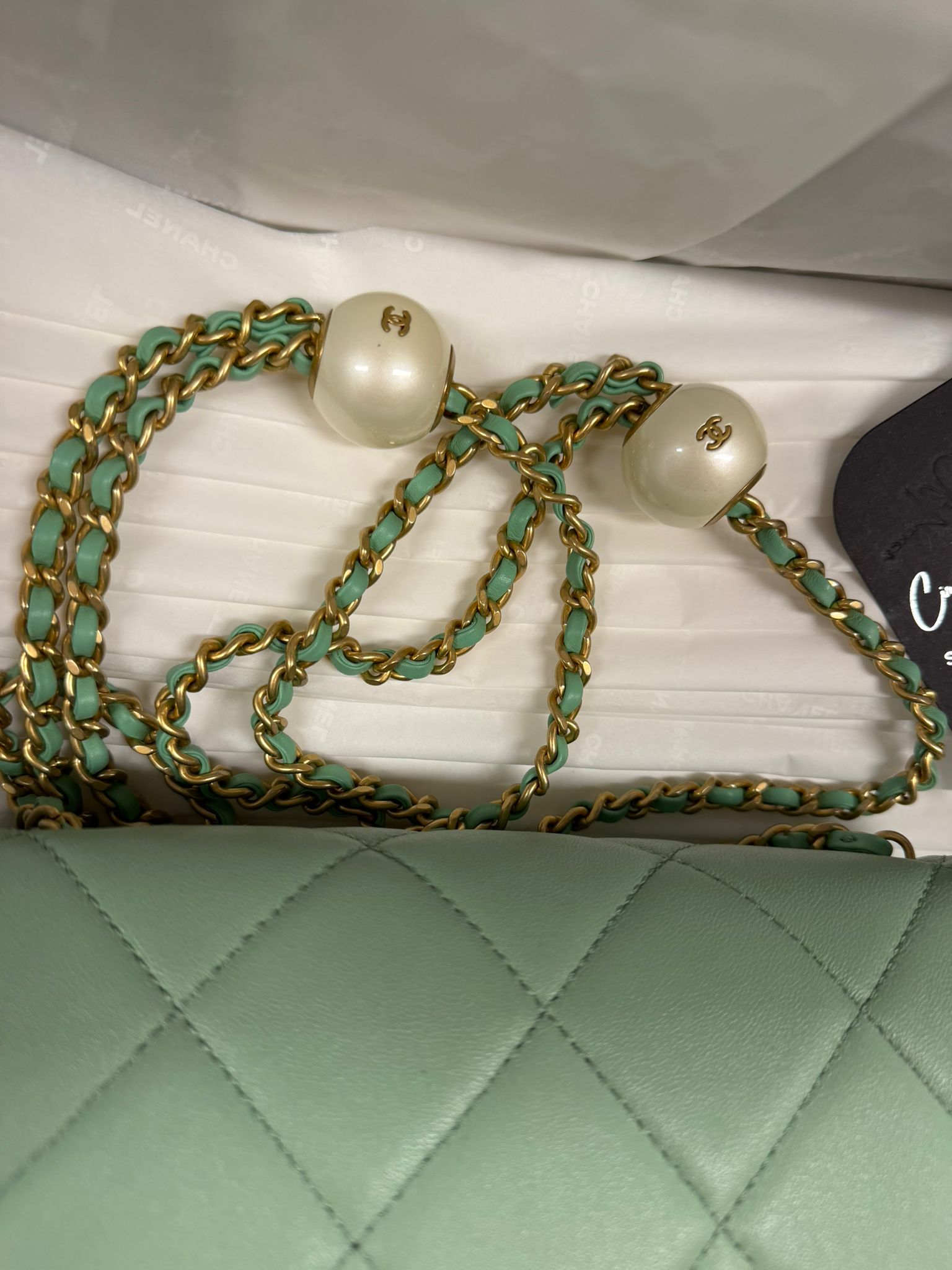 CHANEL MINI GREEN TEA LAMSKIN BAG  PEARL CRUSH