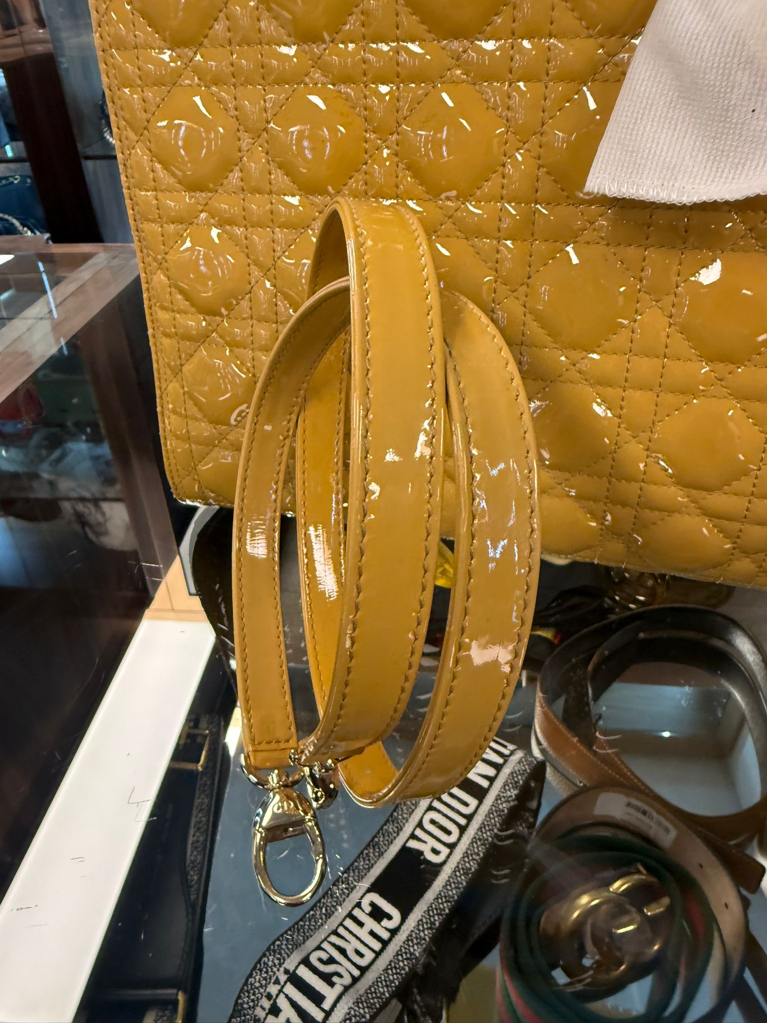LADY DIOR LARGE YELLOW PATENT CANNAGE SHW