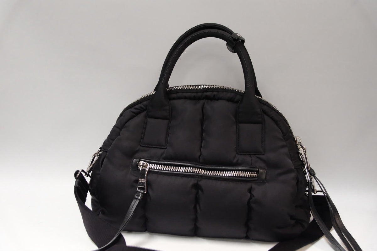 Prada Padded black Nylon Dome Satchel Black & Silver Tone Hardware