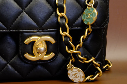 CHANEL 23C BLACK MINI SQUARE LAMSKIN CHARM COIN