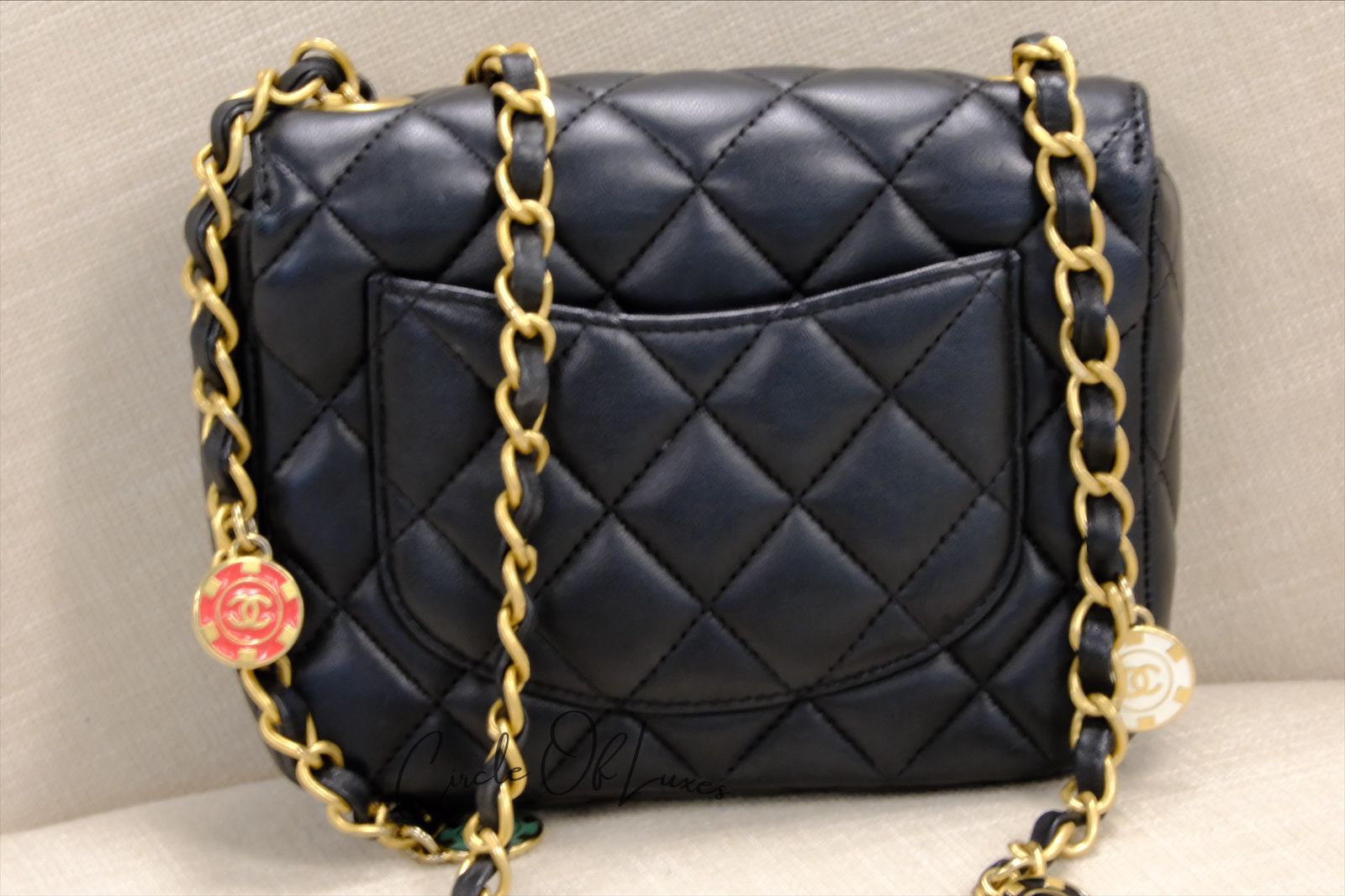 CHANEL 23C BLACK MINI SQUARE LAMSKIN CHARM COIN