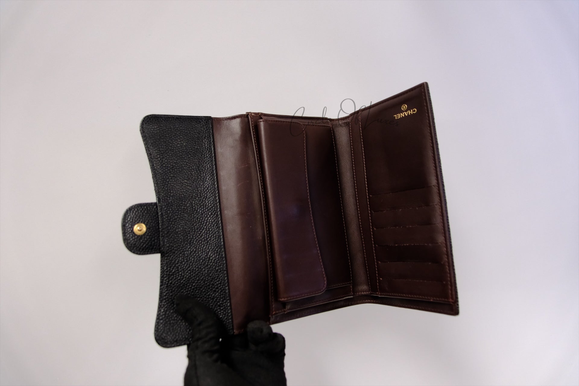 CHANEL TRIFOLD LONG WALLET BLACK CAVIAR GHW