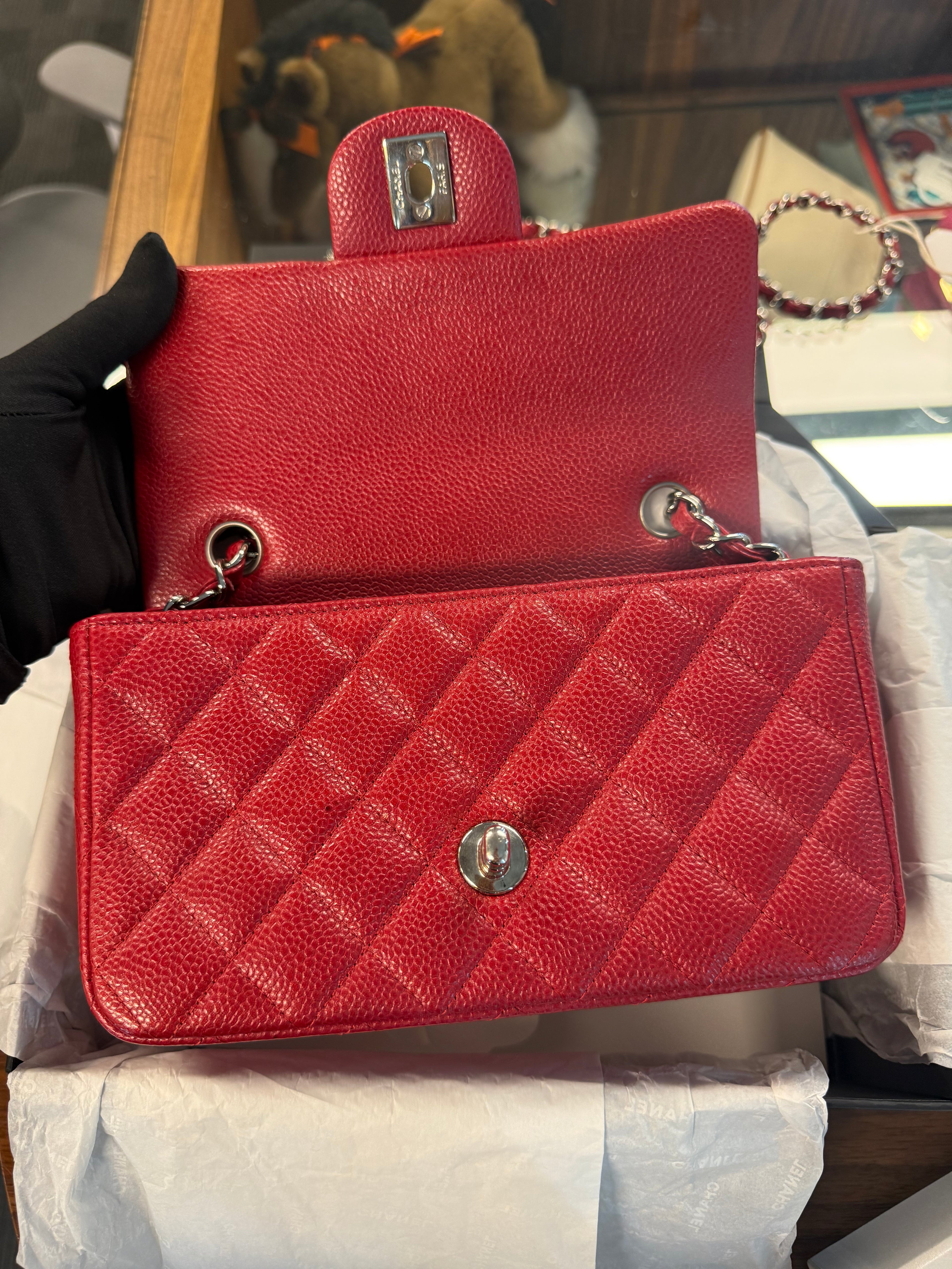 CHANEL 15C  MINI RECTANGLE CAVIAR PEARL RED SHW