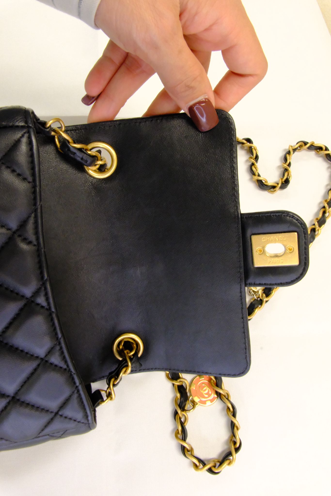 CHANEL 23C BLACK MINI SQUARE LAMSKIN CHARM COIN