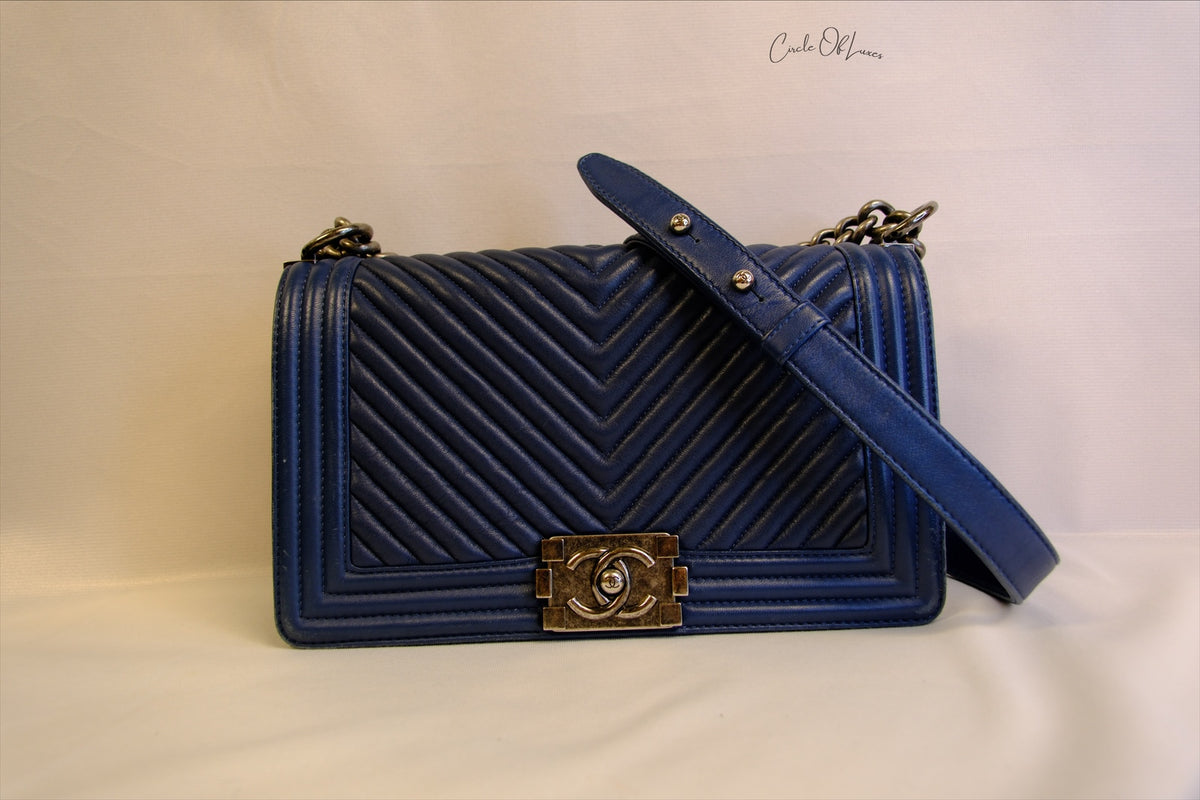 CHANEL BOY MEDIUM BLUE CALFSKIN RHW