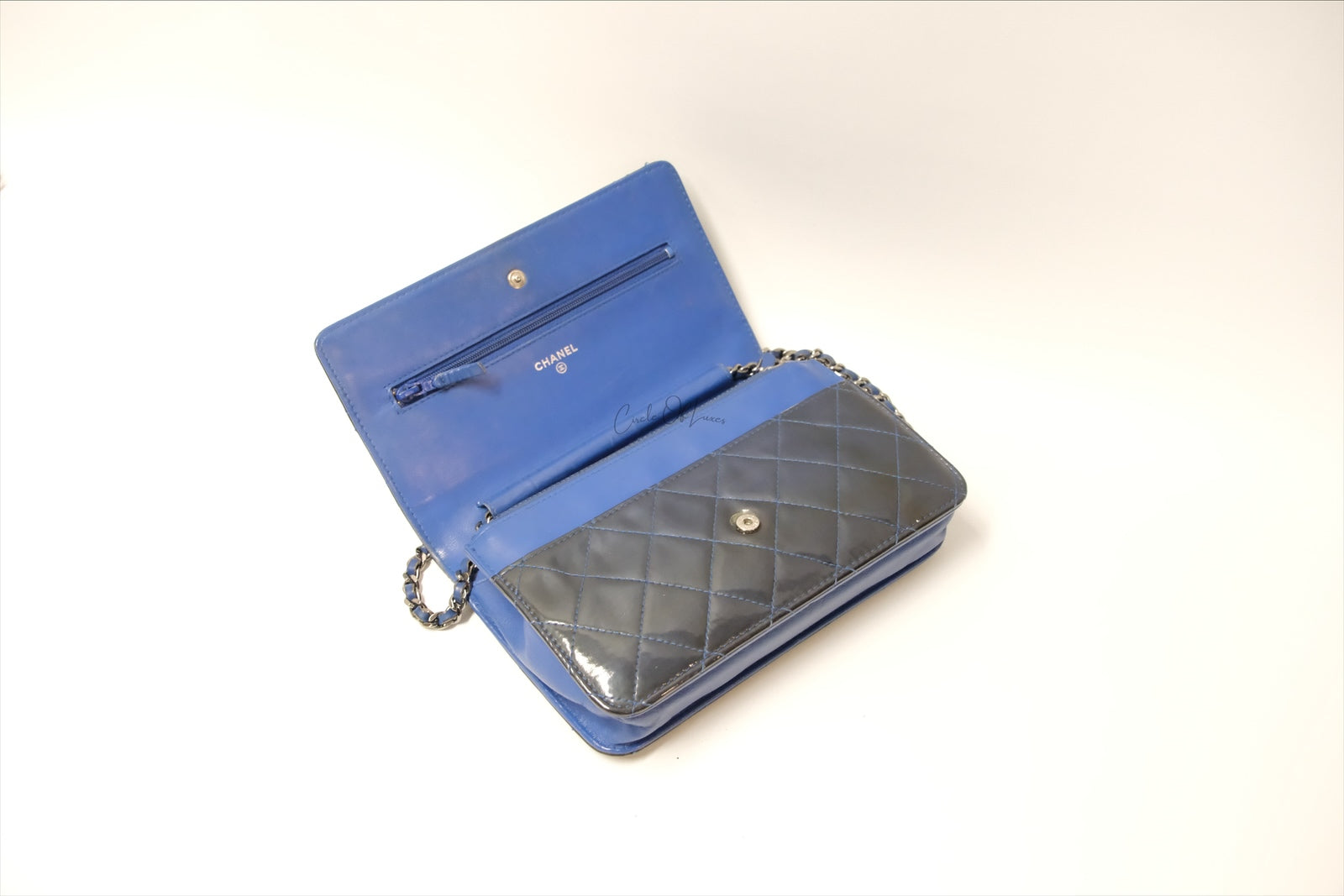 CHANEL BLUE PATENT BLUE WALLET ON CHAIN SHW