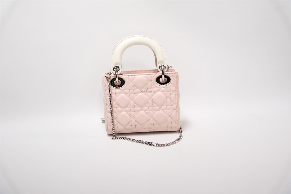 LADY DIOR MINI TWO TONE SOUPIR PINK AND LATTE LAMSKIN CANNAGE Lambskin,