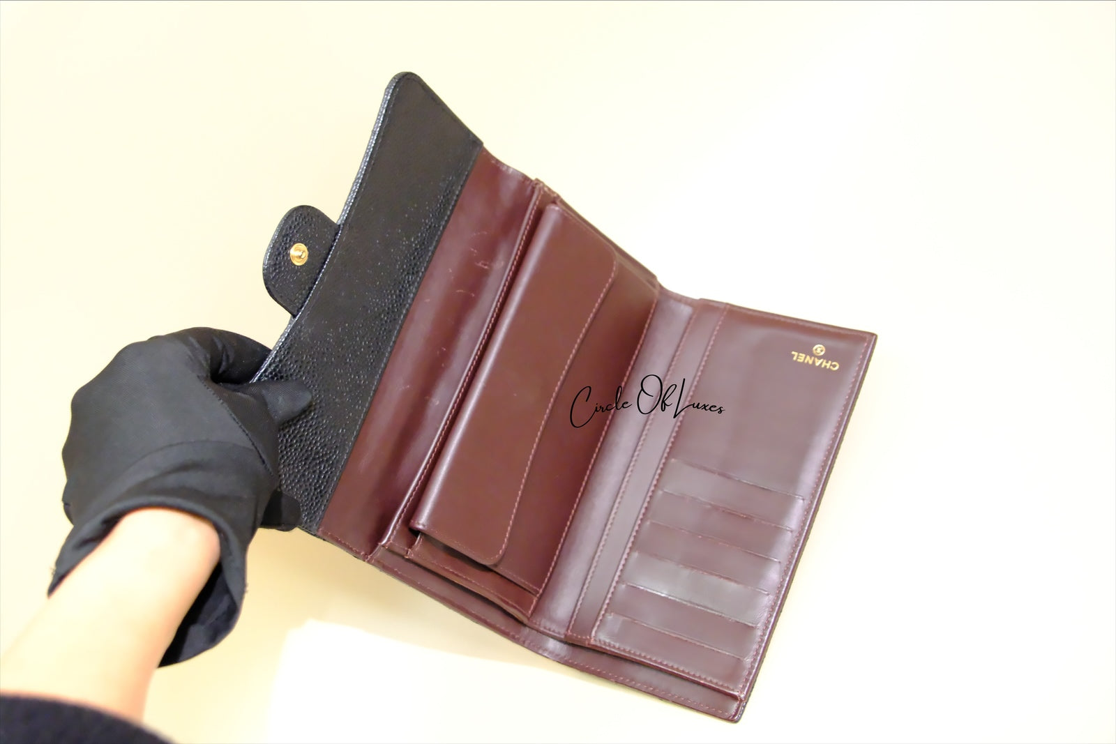 CHANEL TRIFOLD LONG WALLET BLACK CAVIAR GHW