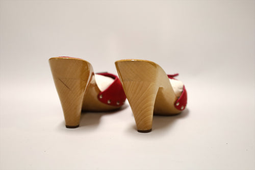 Chanel Vintage CC Buckle Wooden Mule Sandals Red Suede size 39