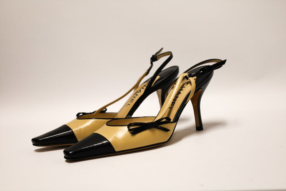 Chanel Two Tone Cap Toe Bow Slingback Pumps Beige & Black