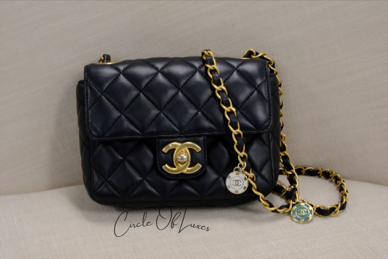 CHANEL 23C BLACK MINI SQUARE LAMSKIN CHARM COIN