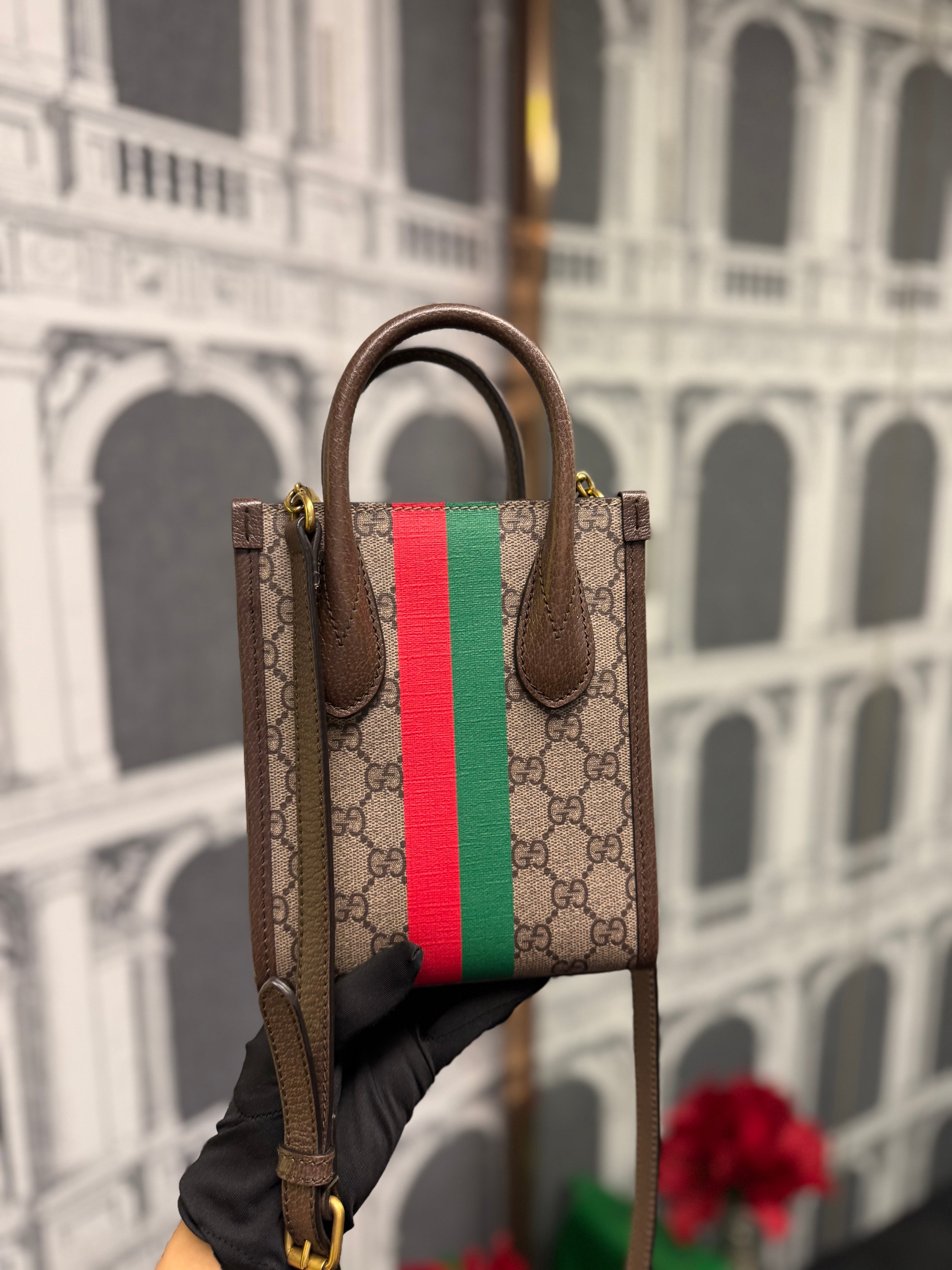 GUCCI Supreme Monogram Azalea Mini Retro Interlocking G Tote Bag Beige Ebony Brown Sugar