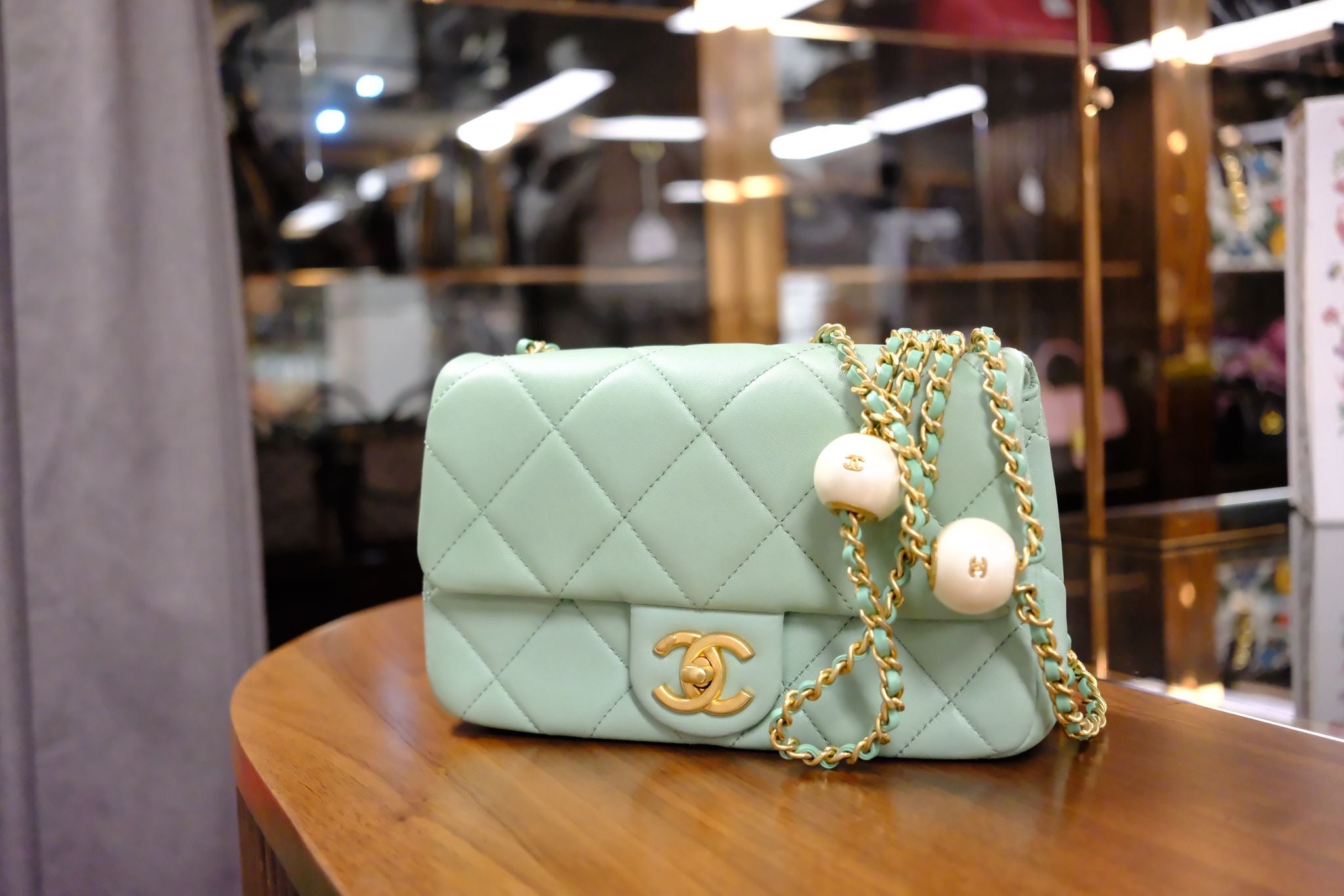 CHANEL MINI GREEN TEA LAMSKIN BAG  PEARL CRUSH