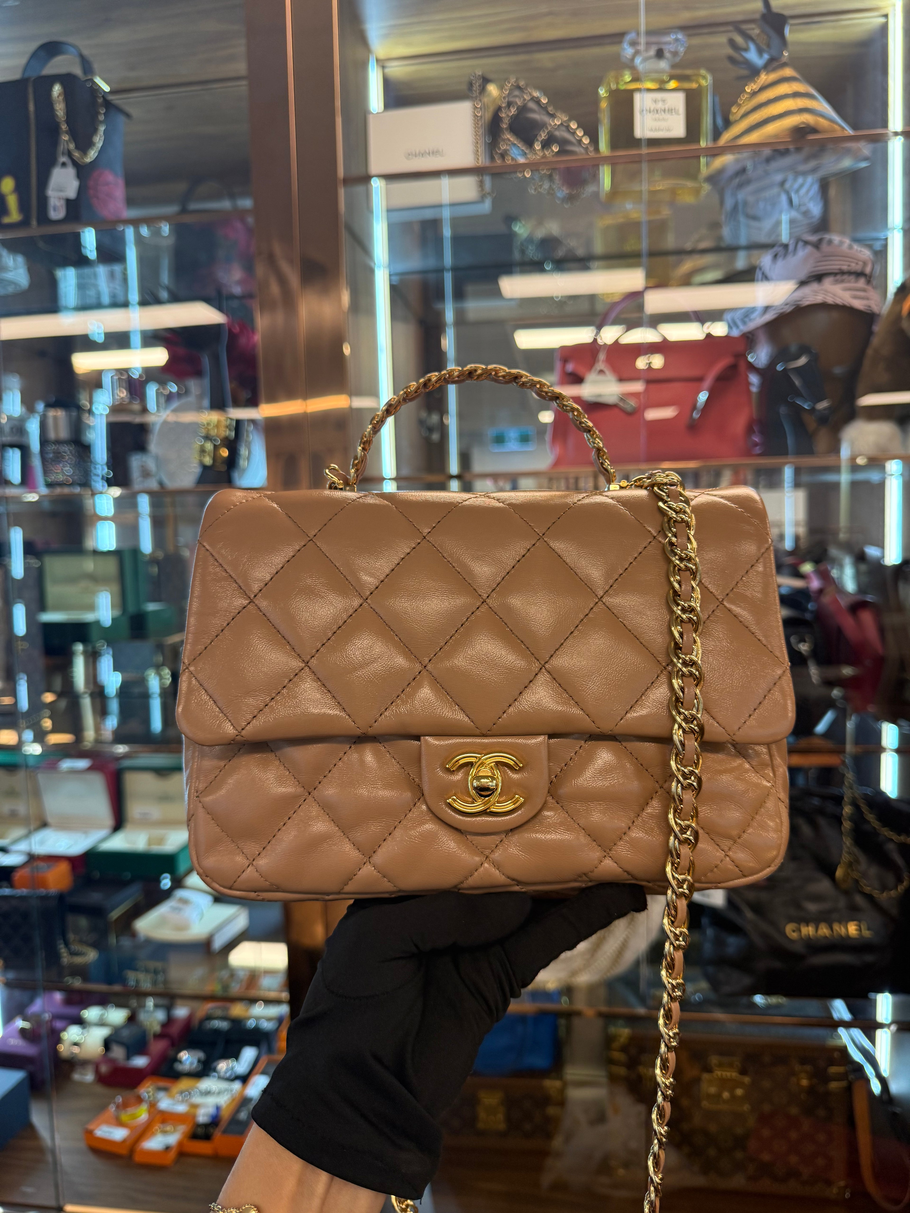 CHANEL 24B FLAP THICK CHAIN HANDLE  MILK TEA APRICOT GHW