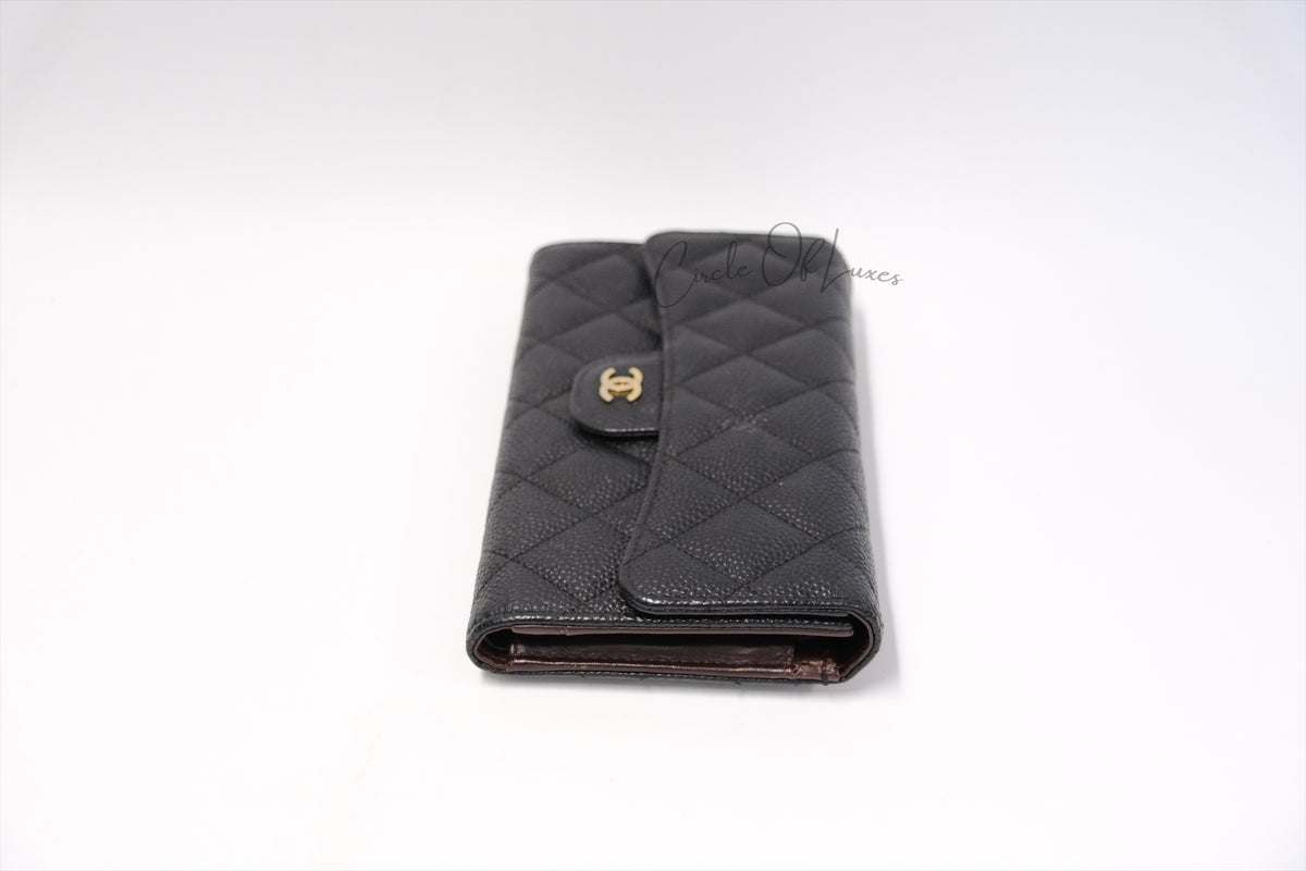 CHANEL TRIFOLD LONG WALLET BLACK CAVIAR GHW