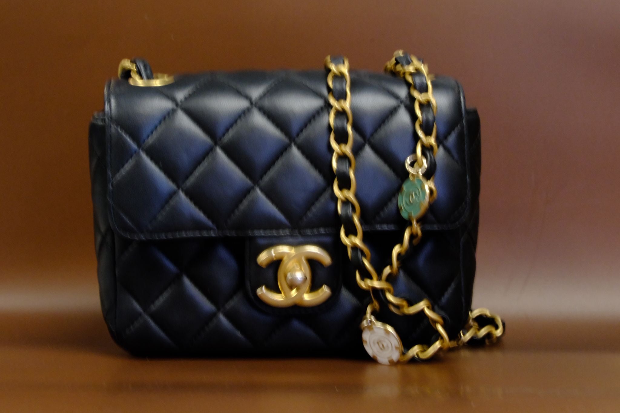 CHANEL 23C BLACK MINI SQUARE LAMSKIN CHARM COIN