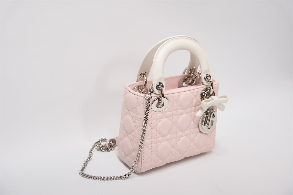 LADY DIOR MINI TWO TONE SOUPIR PINK AND LATTE LAMSKIN CANNAGE Lambskin,