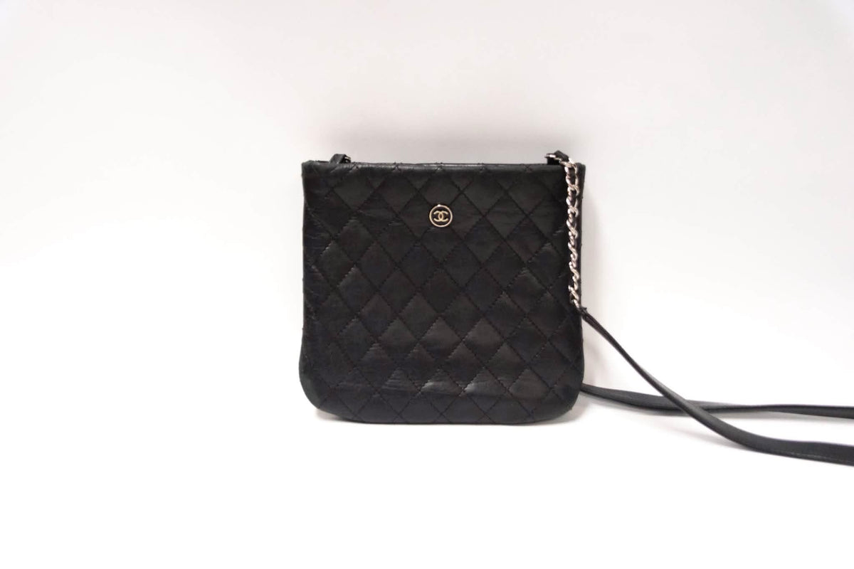 Chanel Quilted Crossbody Bag Black Leather Silver Tone Hardware