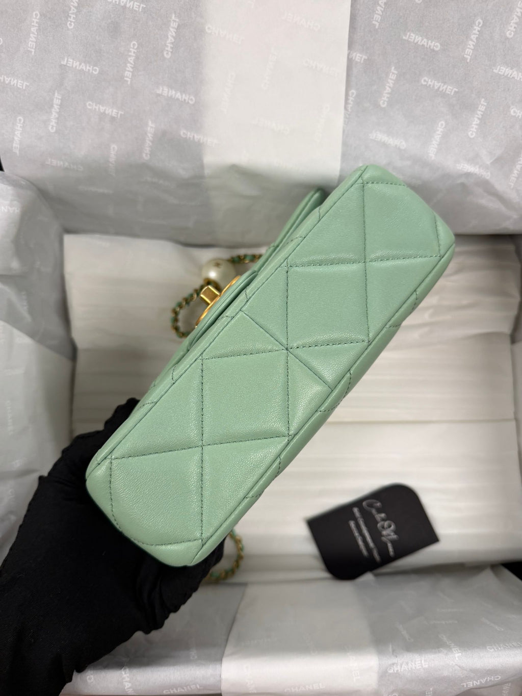 CHANEL MINI GREEN TEA LAMSKIN BAG  PEARL CRUSH