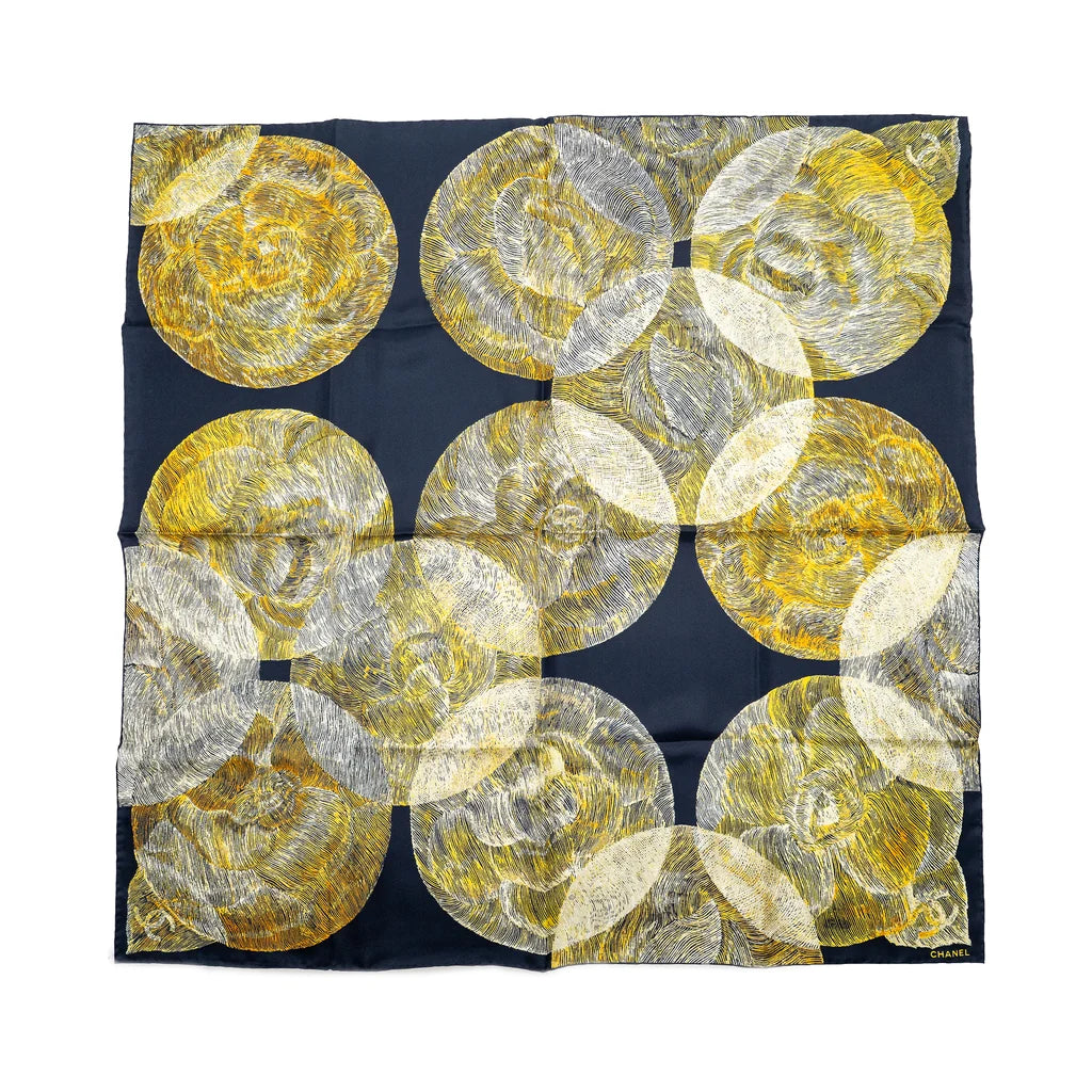 CHANEL CAMELIA MOON SILK SCALF NAVY