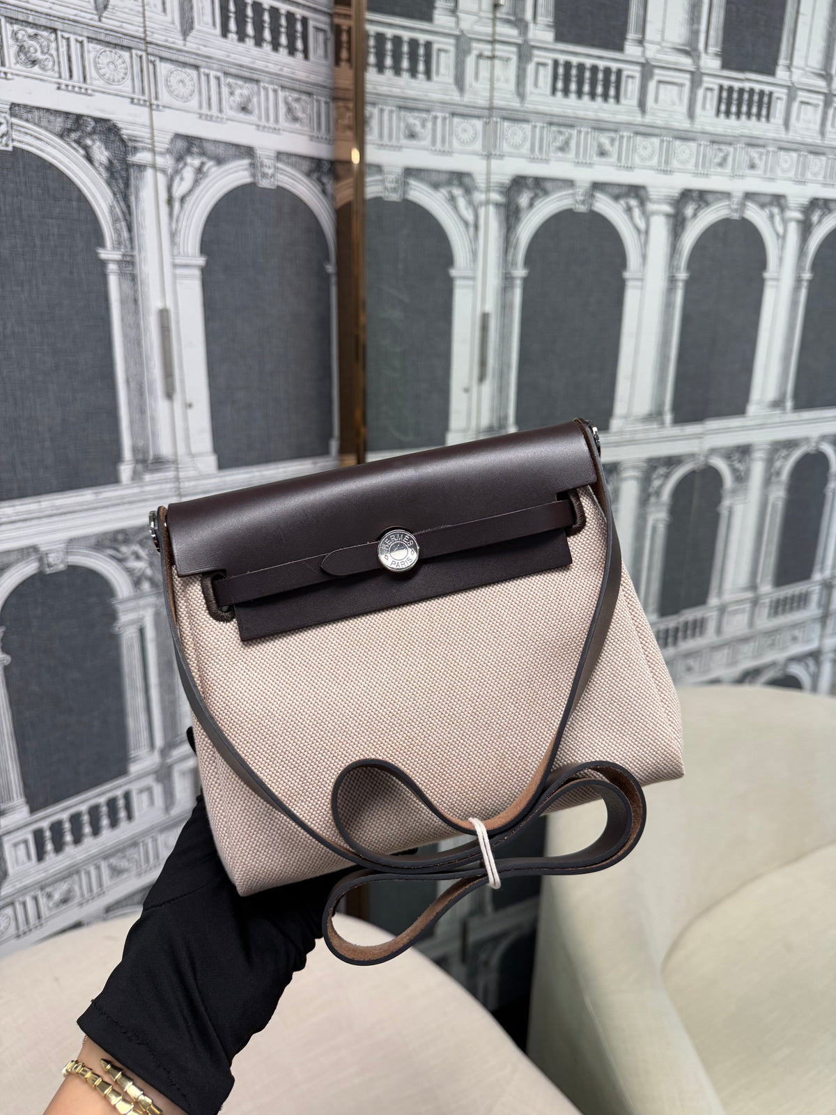 HERMES HERBAG MINI ECRU BEIGE / EBENE STAMP K (2025) – CIRCLE OF LUXES