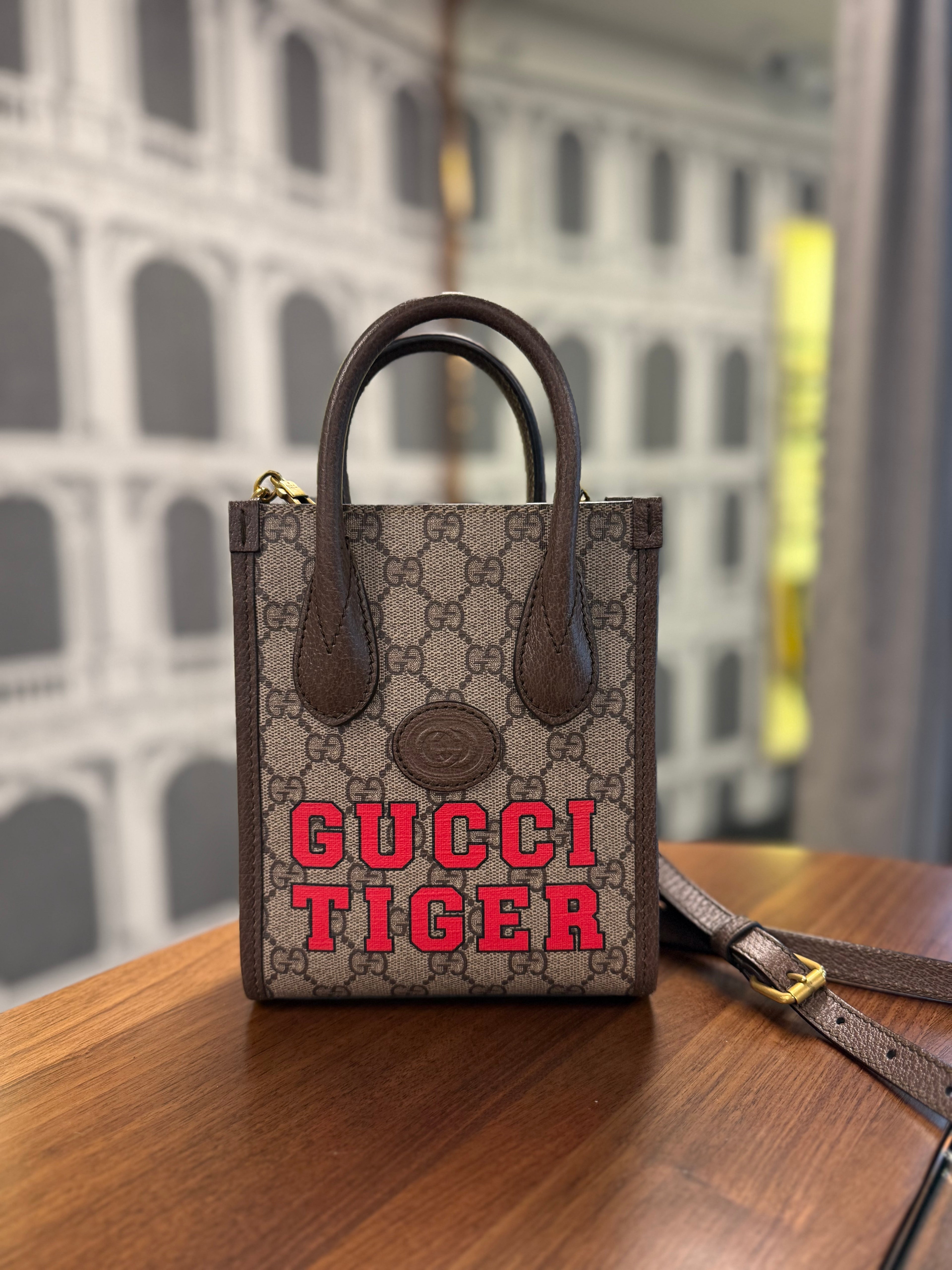 GUCCI Supreme Monogram Azalea Mini Retro Interlocking G Tote Bag Beige Ebony Brown Sugar