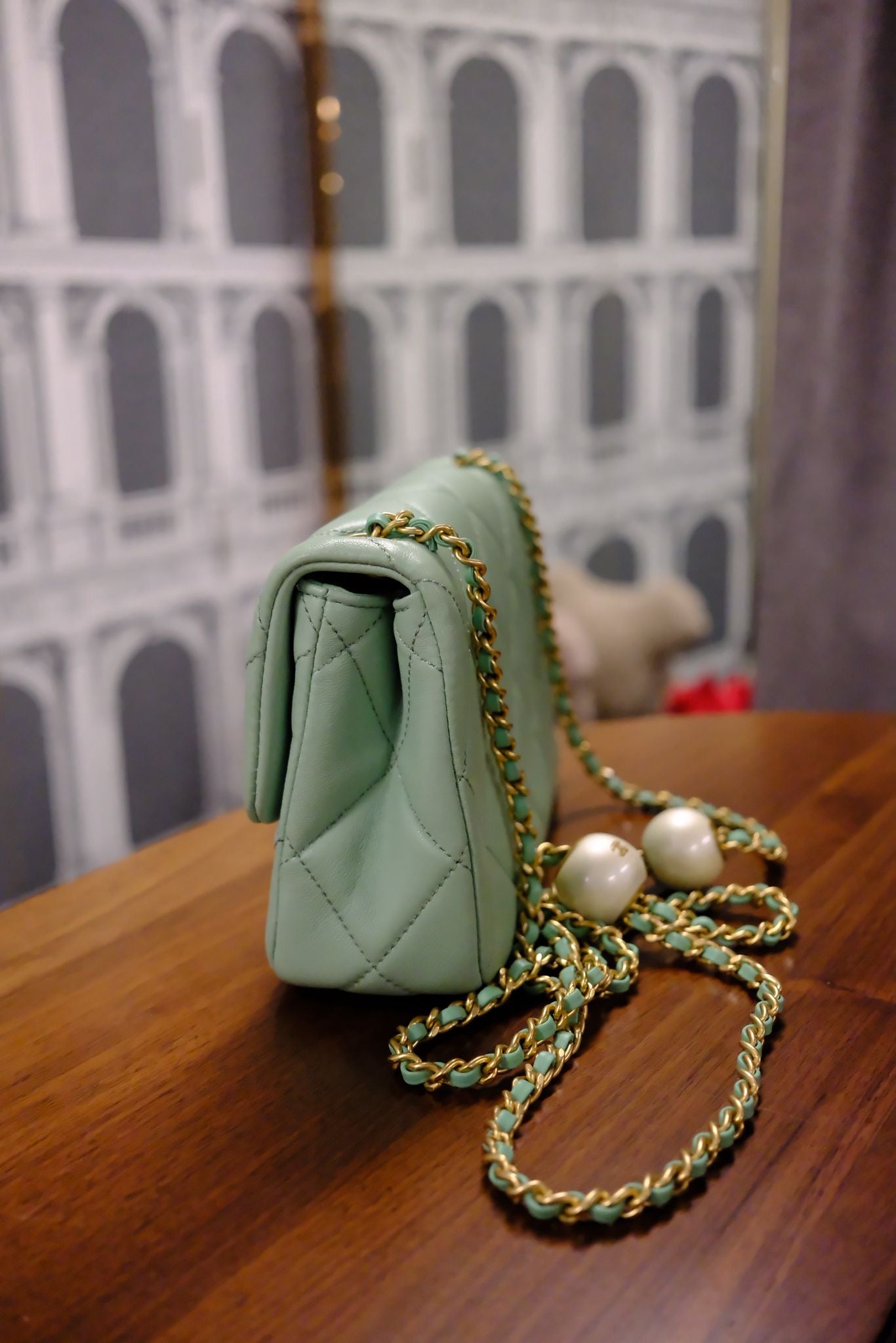 CHANEL MINI GREEN TEA LAMSKIN BAG  PEARL CRUSH