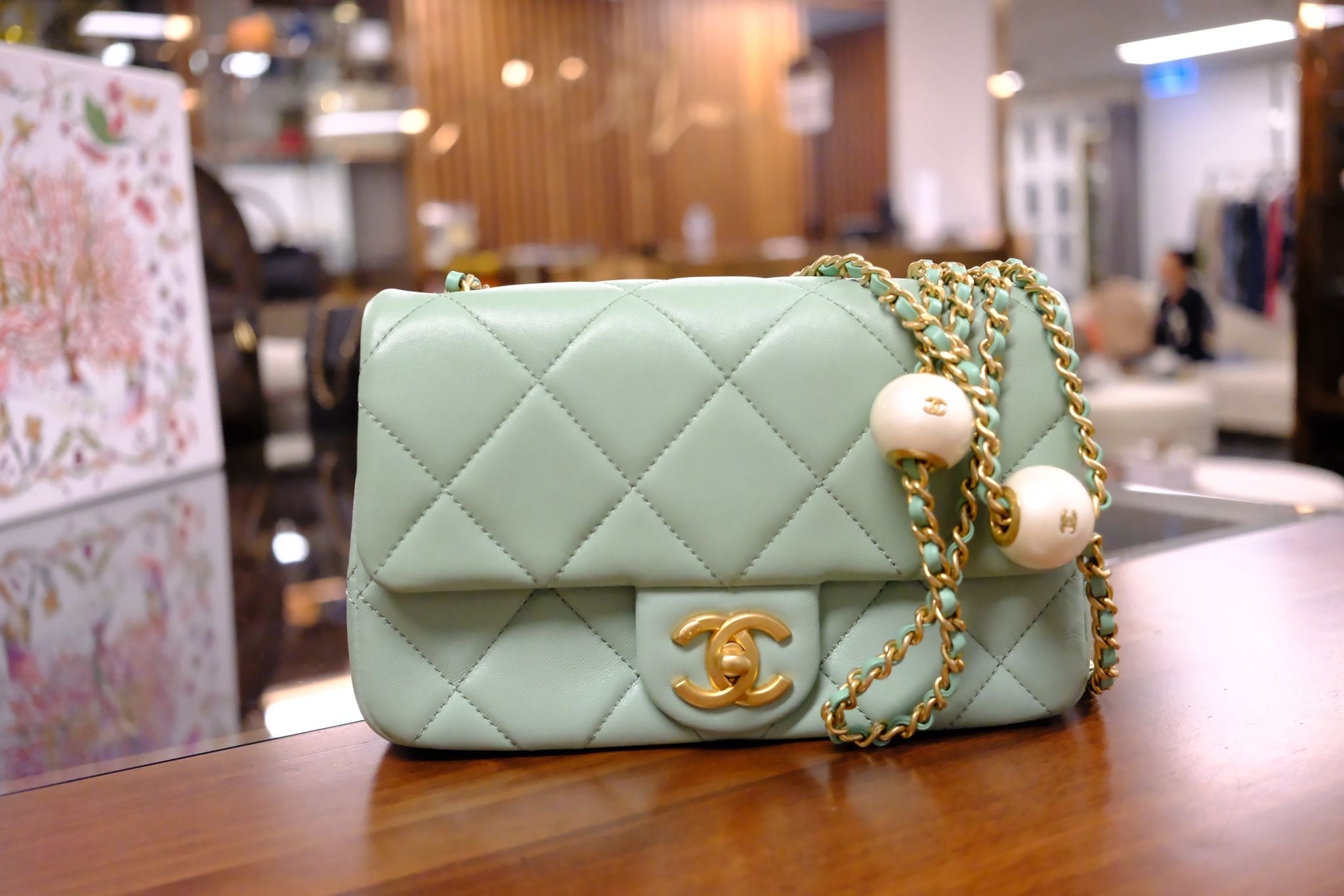 CHANEL MINI GREEN TEA LAMSKIN BAG  PEARL CRUSH