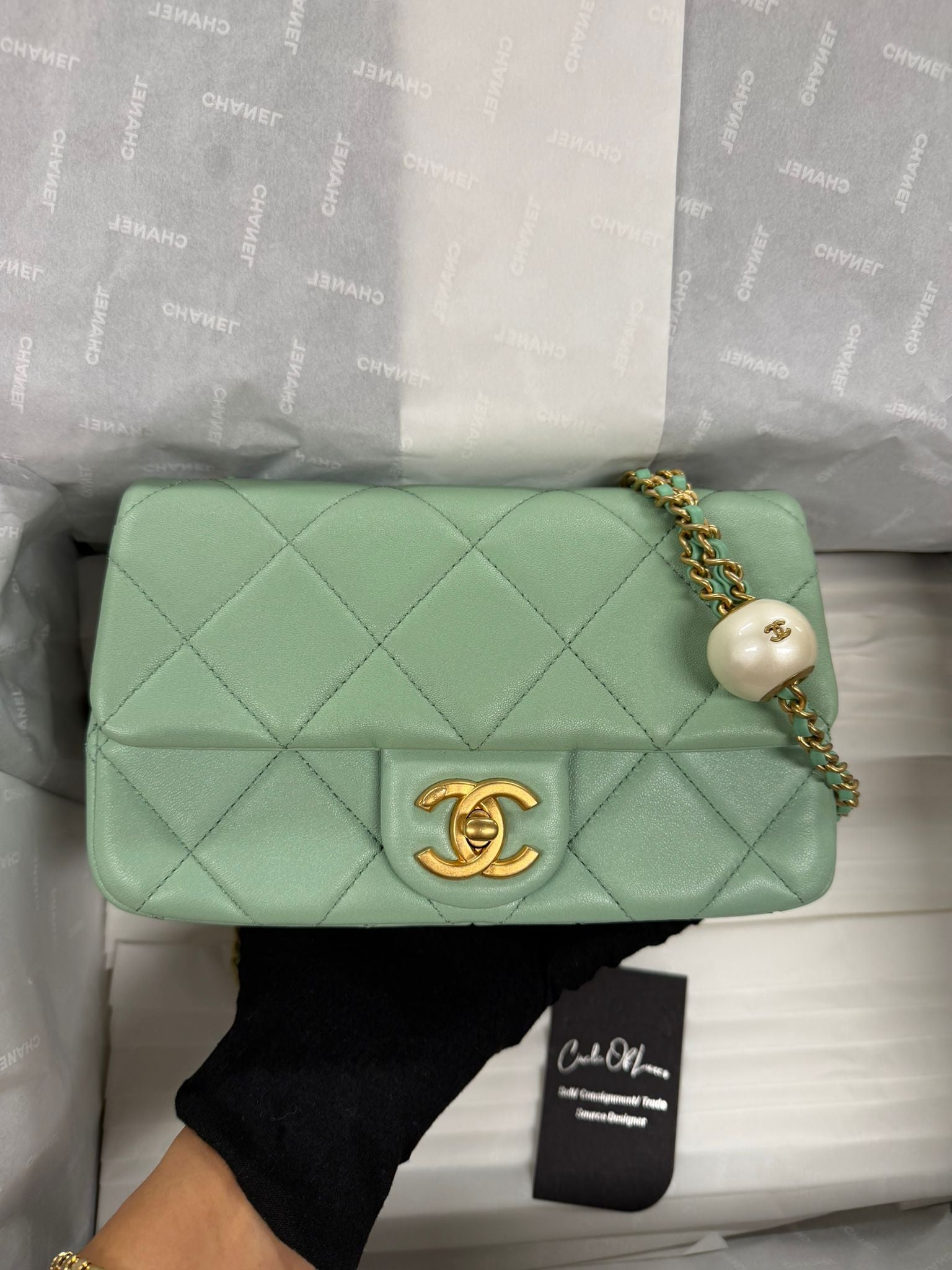 CHANEL MINI GREEN TEA LAMSKIN BAG  PEARL CRUSH