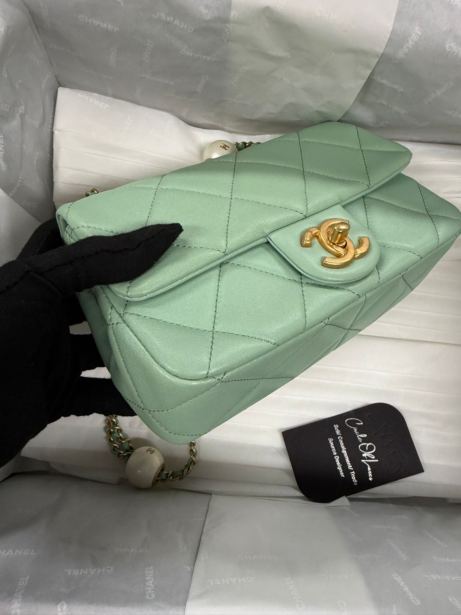 CHANEL MINI GREEN TEA LAMSKIN BAG  PEARL CRUSH