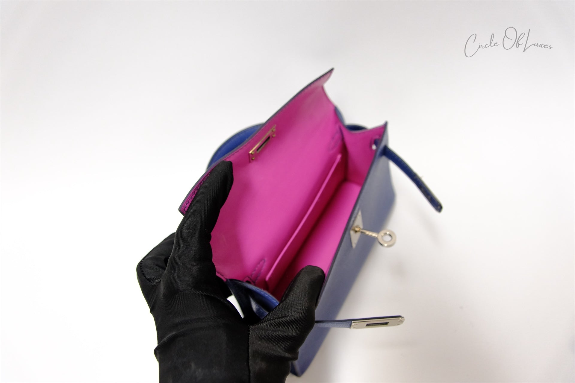 HERMES MINI KELLY CHÈVRE  BLEU BRIGHTON /MAGNOLIA PHW