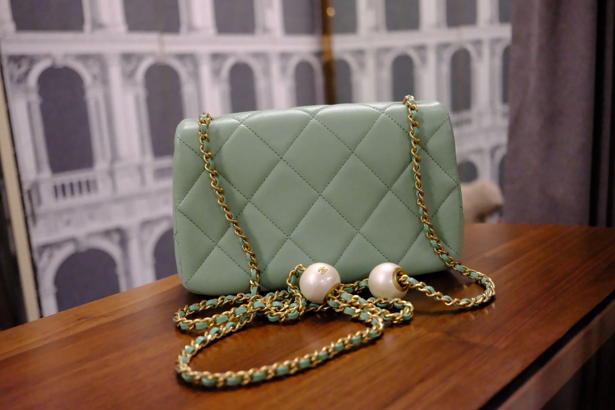 CHANEL MINI GREEN TEA LAMSKIN BAG  PEARL CRUSH