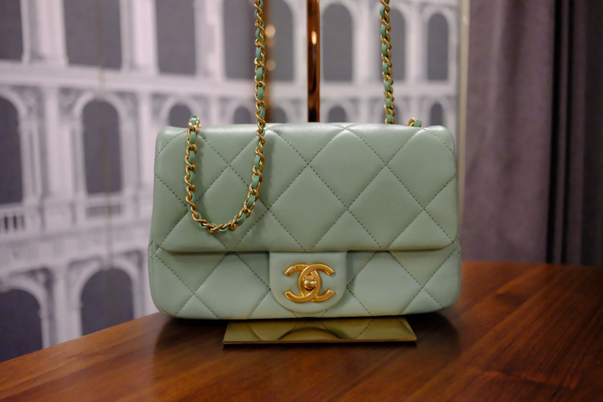 CHANEL MINI GREEN TEA LAMSKIN BAG  PEARL CRUSH