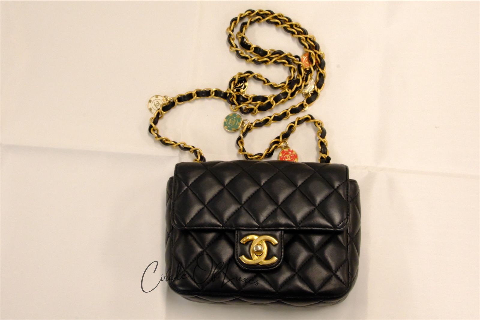 CHANEL 23C BLACK MINI SQUARE LAMSKIN CHARM COIN