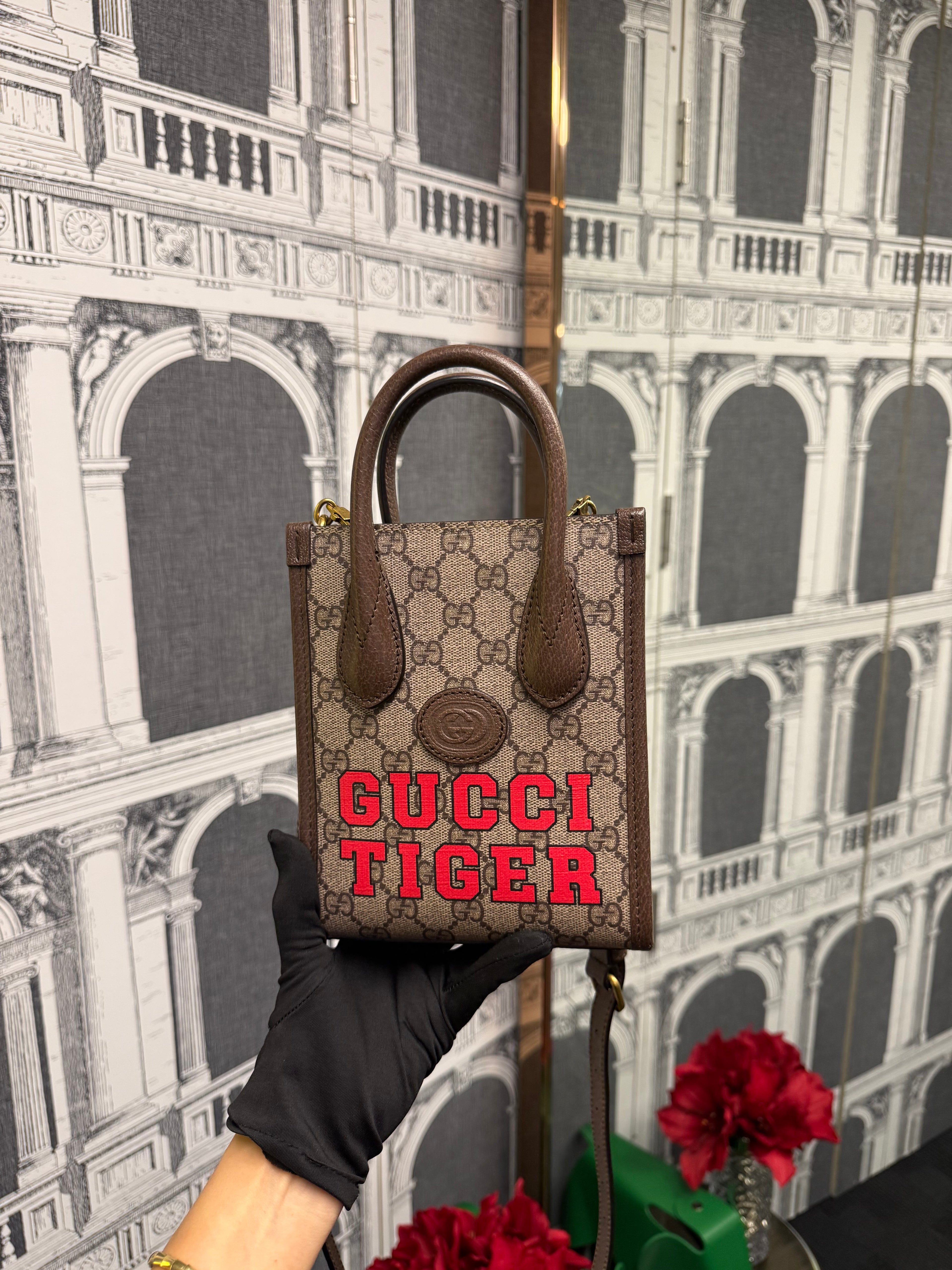 GUCCI Supreme Monogram Azalea Mini Retro Interlocking G Tote Bag Beige Ebony Brown Sugar