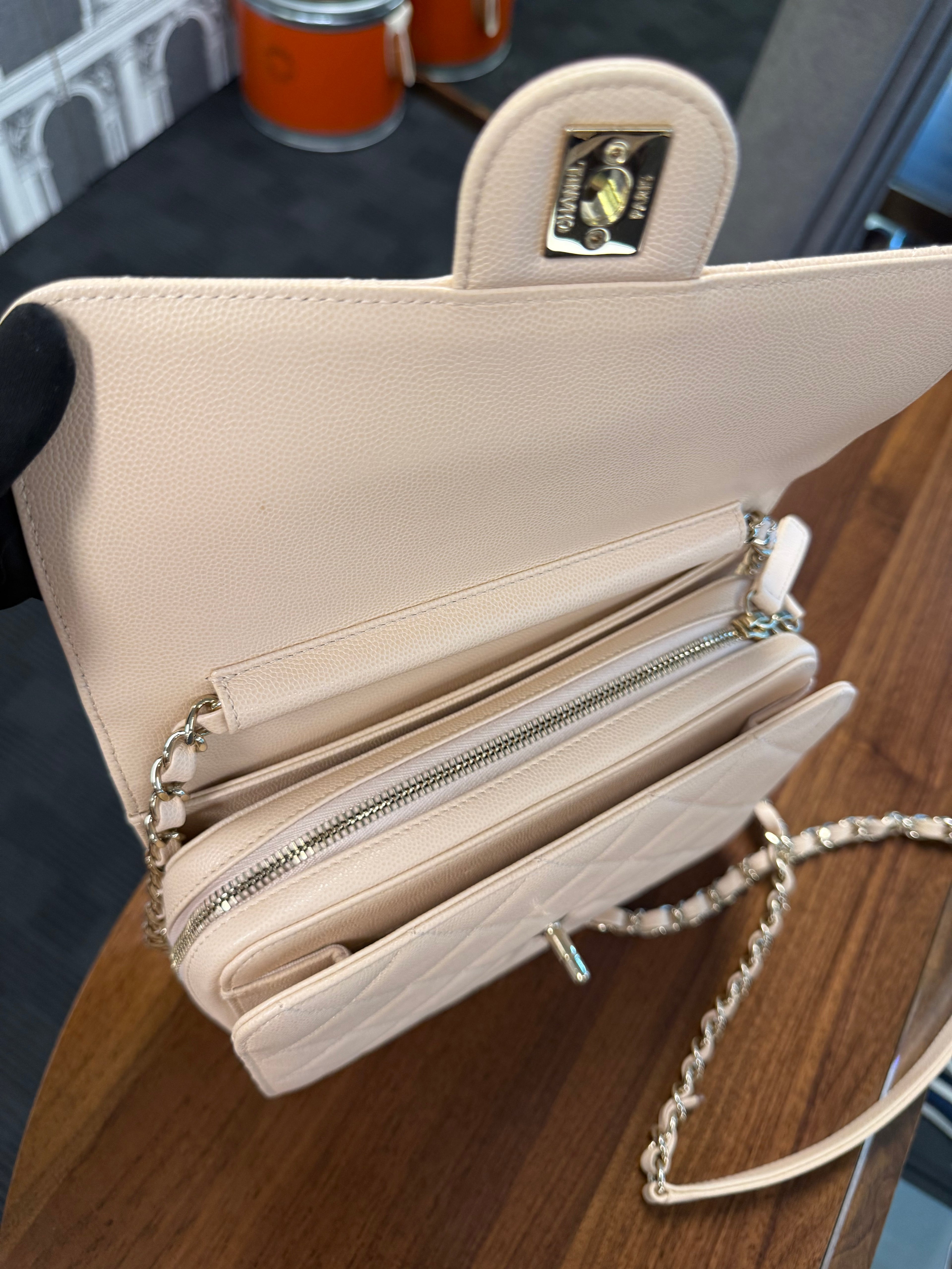 CHANEL LIKE A WALLET LIGHT PINK CAVIAR PALE GOLD HARDWEAR .