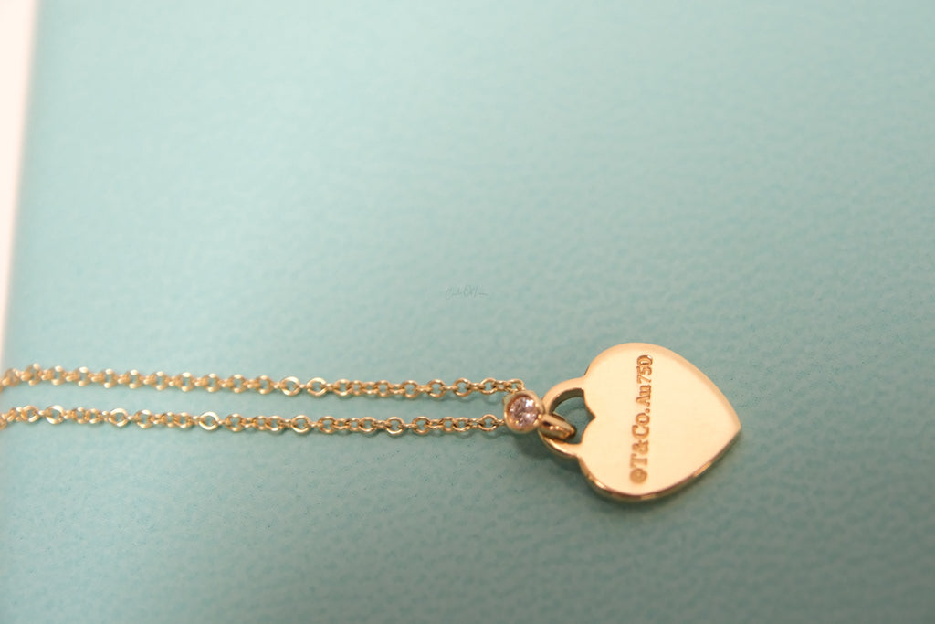 TIFFANY MINI HEART TAG PENDANT WITH A DIAMOND  NECKLACE 18K GOLD