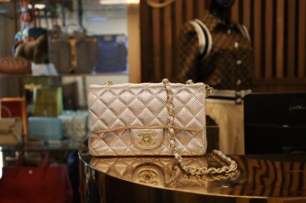 CHANEL MINI RECTANGLE GOLD PERFORATED METALLIC LAMSKIN MATT GHW